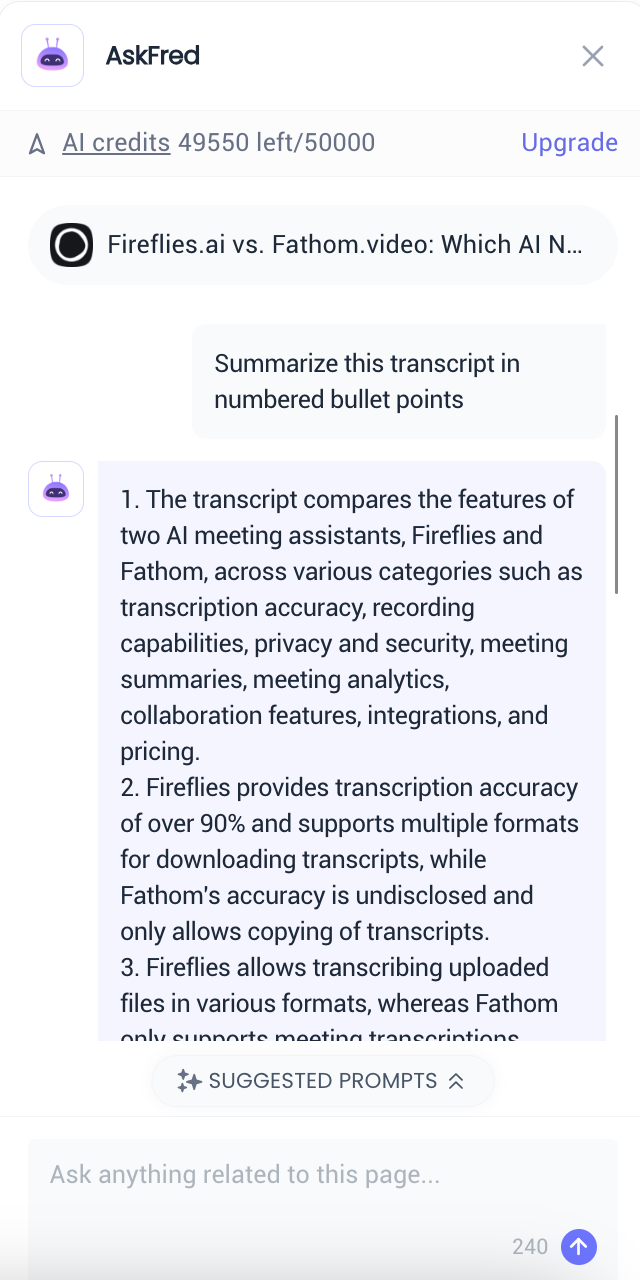 Fireflies vs. Fathom - AskFred summary for Fireflies vs. Fathom article