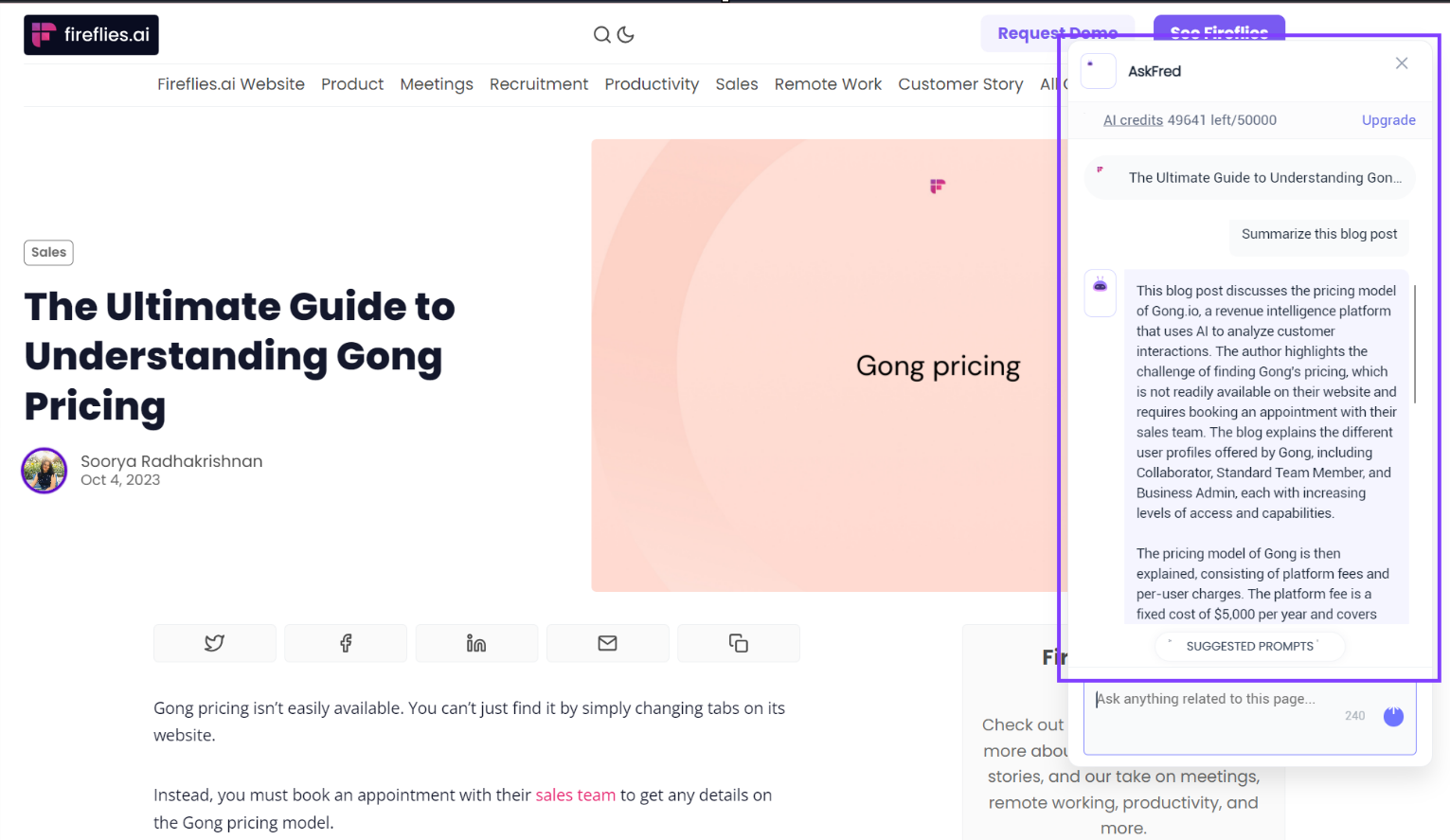 Summary of the blog, The ultimate guide to understanding Gong pricing by AskFred for Web