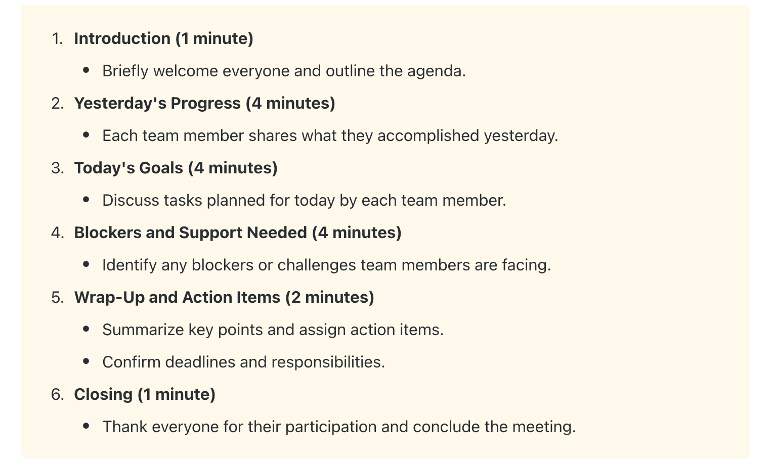 daily stand up meeting agenda example