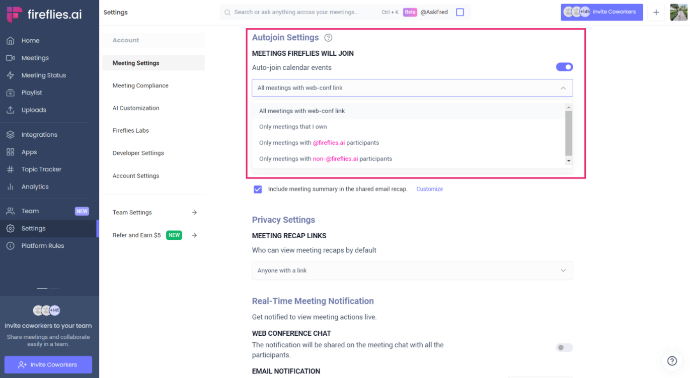 Auto-join settings of Fireflies.ai