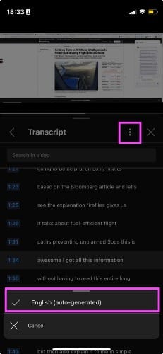 How to get a YouTube transcript of a video on mobile