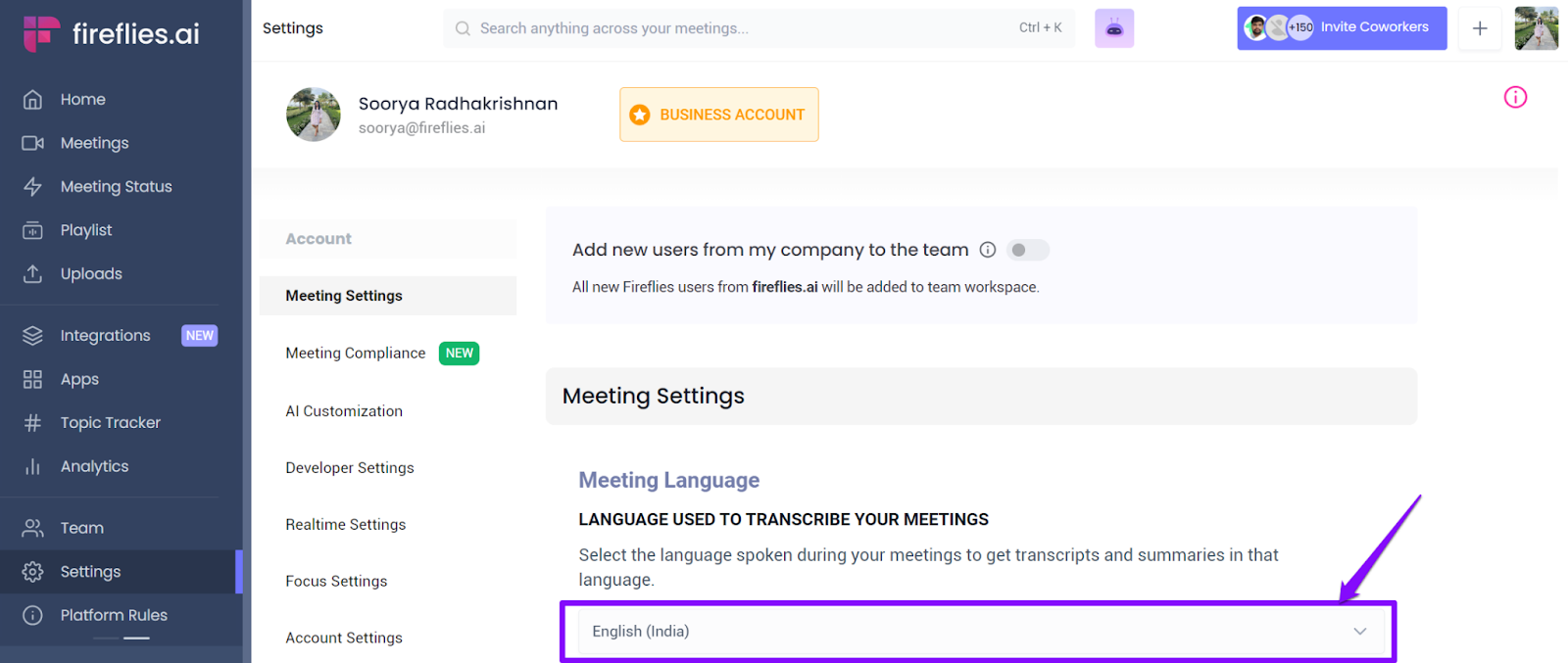 Meeting Language dropdown