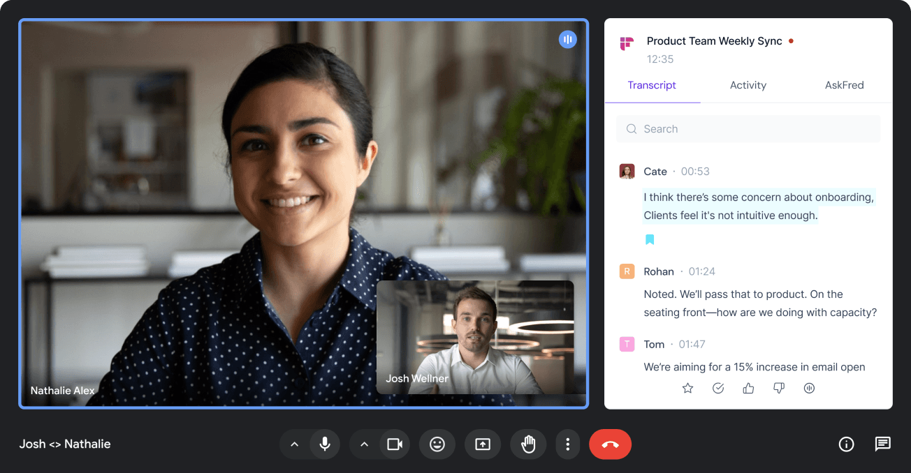 Fireflies Chrome extension interface for recording and transcribing Google Meet meetings.