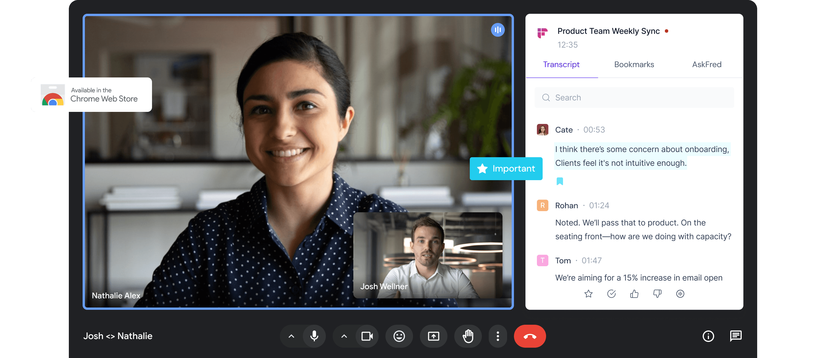 Fireflies Chrome extension interface for recording and transcribing Google Meet meetings.
