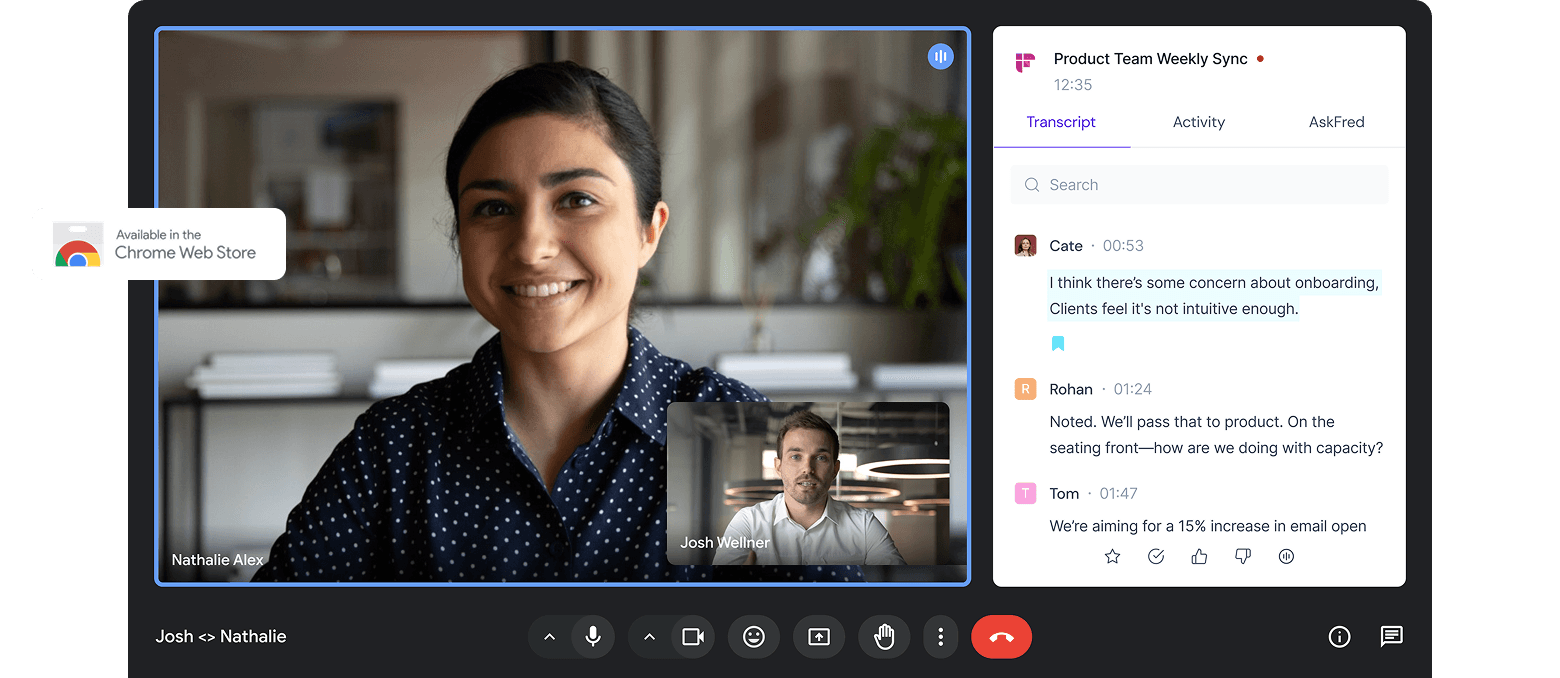 Fireflies Chrome extension interface for recording and transcribing Google Meet meetings.